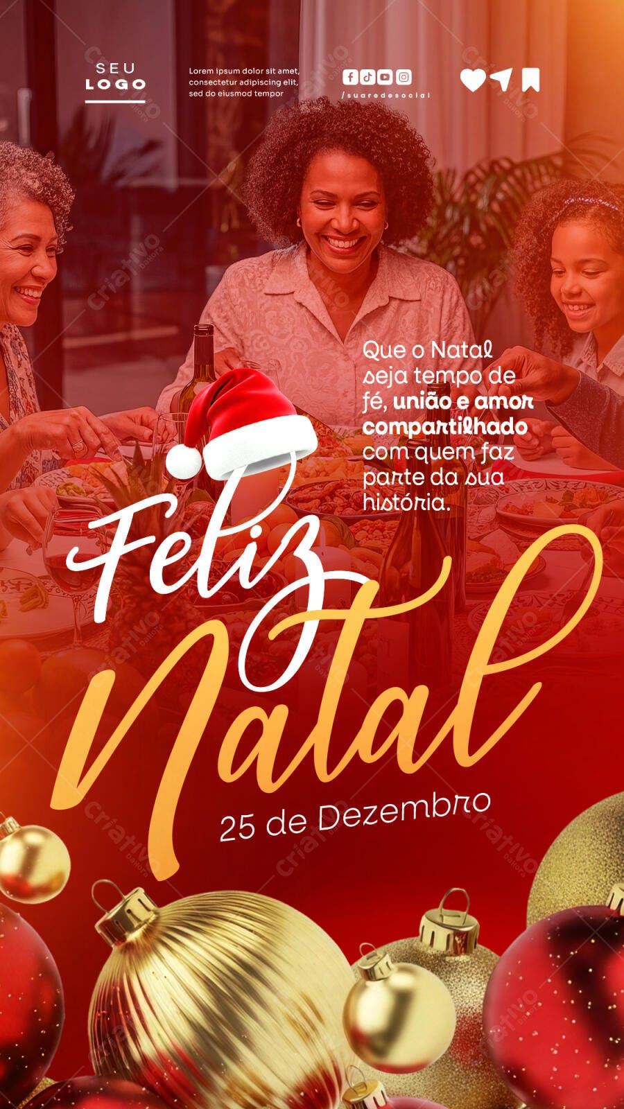 Flyer Feliz Natal Família Negra Ceia Jantar PSD Editável