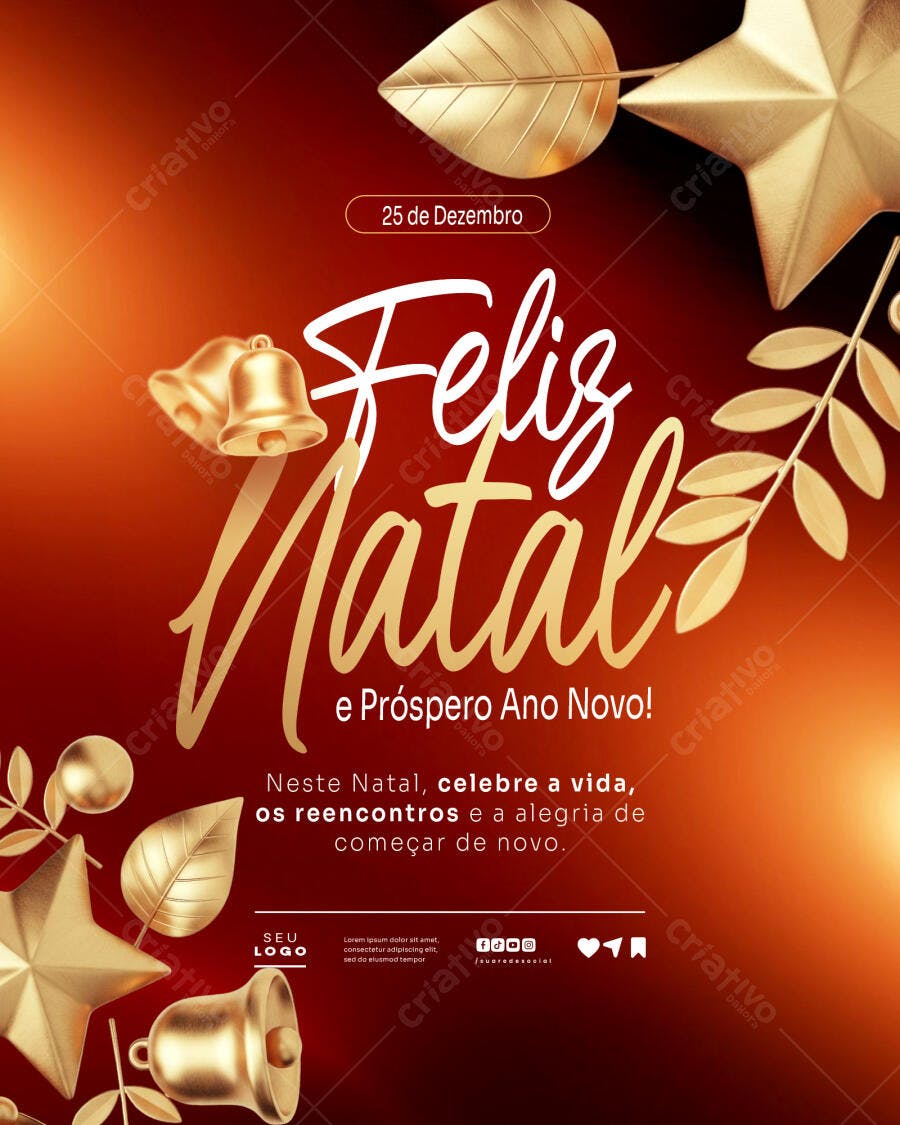 Flyer Digital Natal e Ano Novo Boas Festas Vermelho Dourado PSD Editável