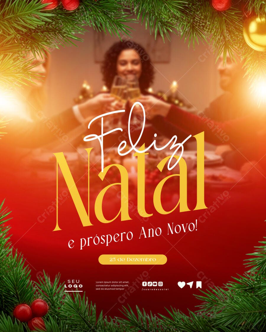 Flyer Natal e Ano Novo Família Brindando Fundo Vermelho PSD Editável