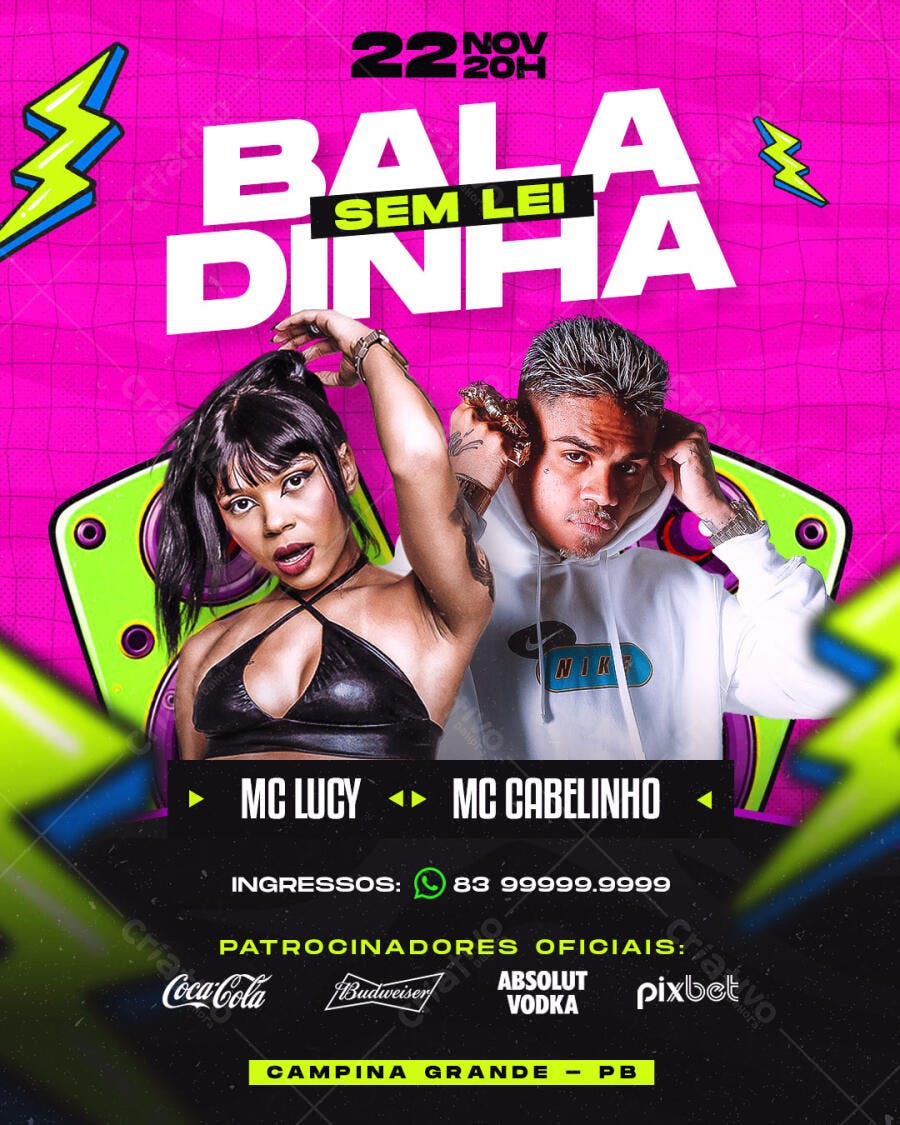 Flyer de Evento Bala Sem Leindinha com MC Lucy e MC Cabelinho PSD Editável
