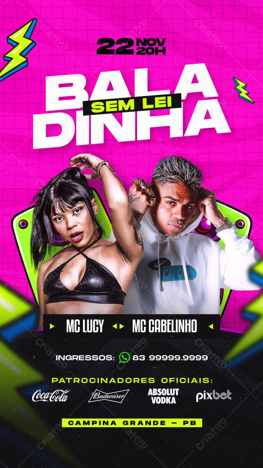 Flyer Baladinha Sem Lei MC Lucy e MC Cabelinho PSD Editável