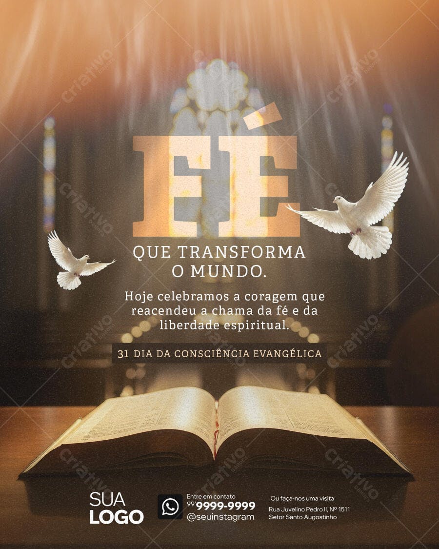 Flyer Fé Dourada Pombos Bíblia Dia da Consciência Evangélica PSD Editável