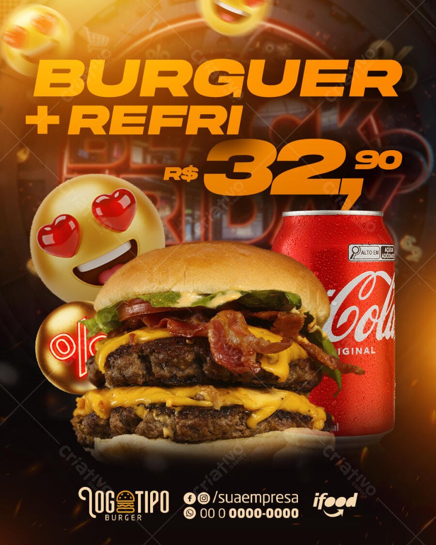 Flyer Digital para Oferta de Burguer Duplo e Refri PSD Editável