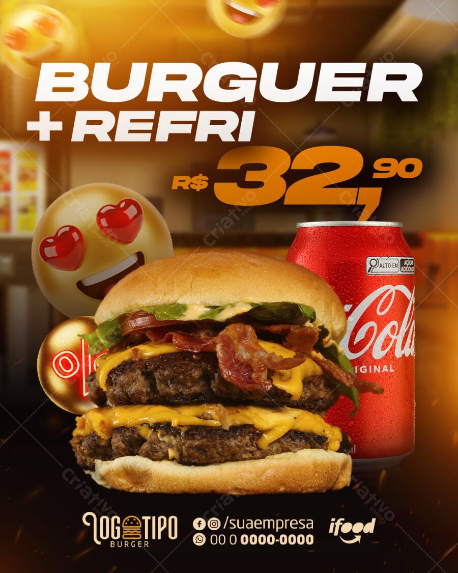 Flyer Promoção Burguer Refri Hamburguer Duplo Queijo Bacon PSD Editável