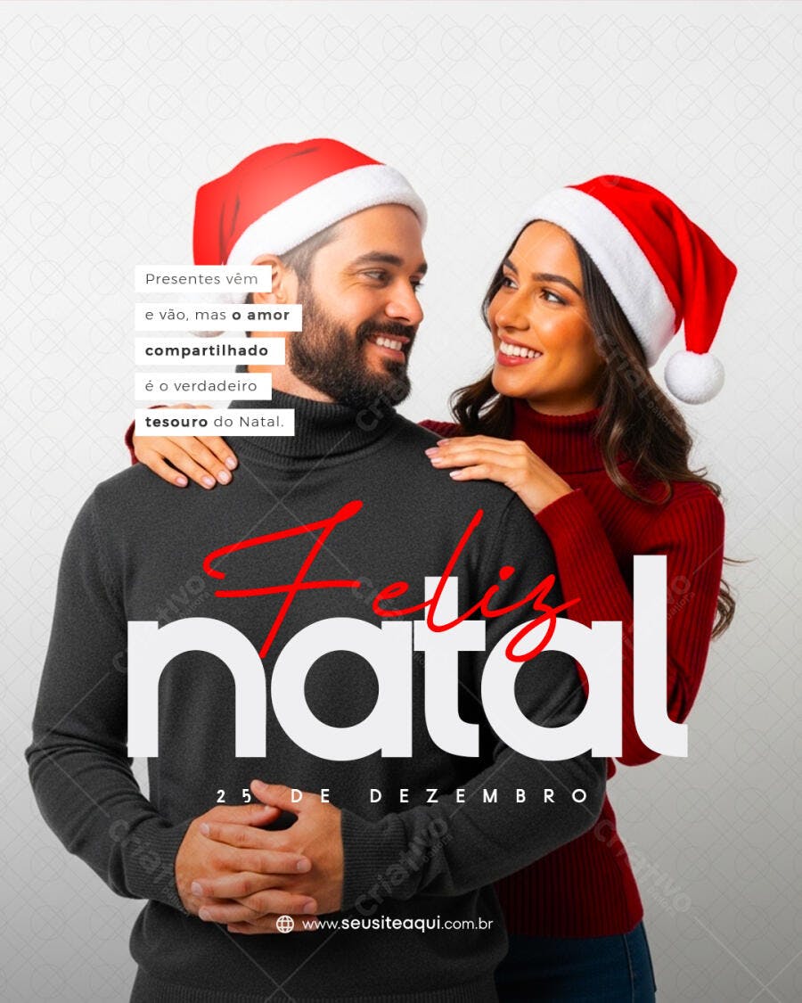 Flyer de Natal para Casal Sorridente de Gorro Vermelho PSD Editável