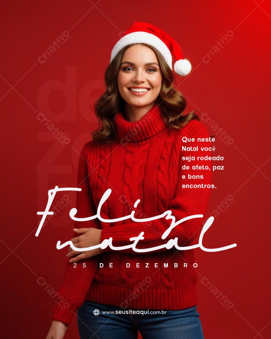 Flyer Feliz Natal com Mulher de Gorro Sorrindo PSD Editável