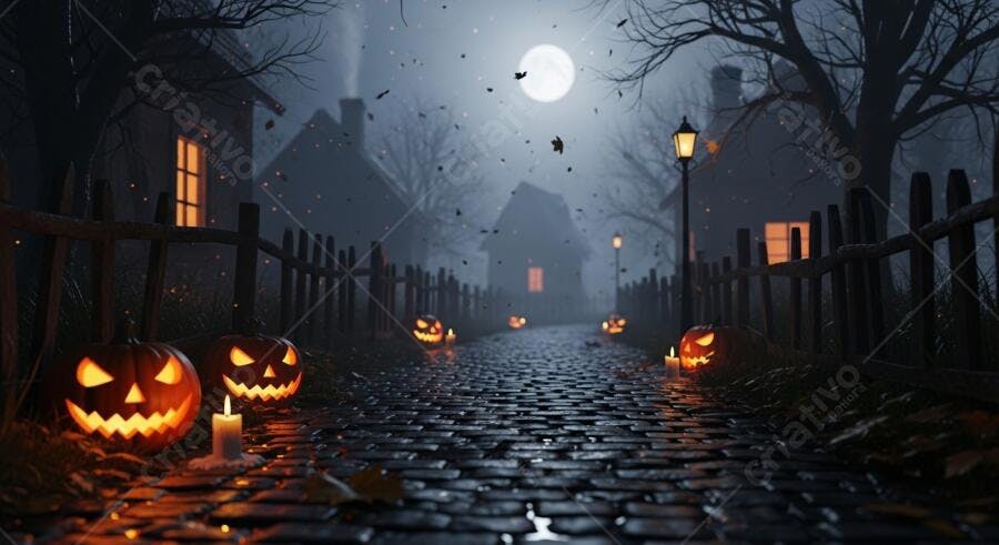 Abóboras de Halloween iluminando rua de paralelepípedos em noite de névoa