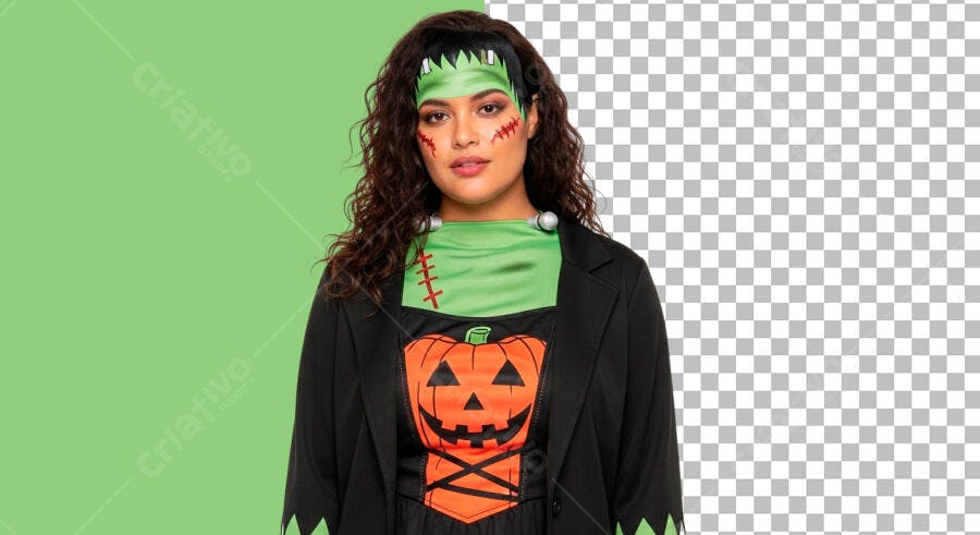 Imagem Mulher Latina Fantasia Frankenstein Halloween Abóbora PNG com fundo transparente