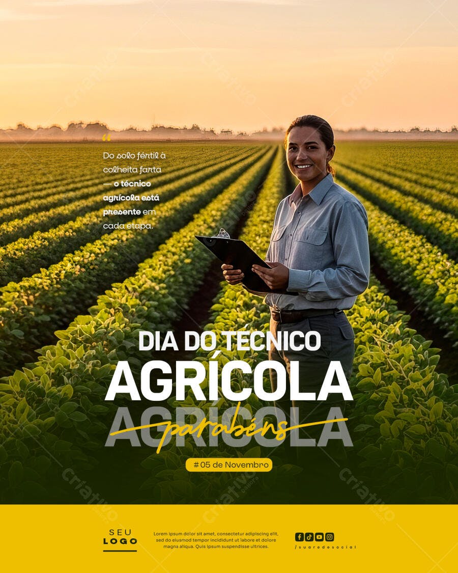 Flyer Dia do Técnico Agrícola Mulher Sorrindo no Campo PSD Editável