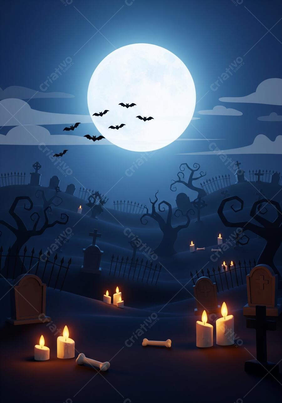 Cemitério de Halloween com lua cheia morcegos e velas acesas à noite em azul escuro