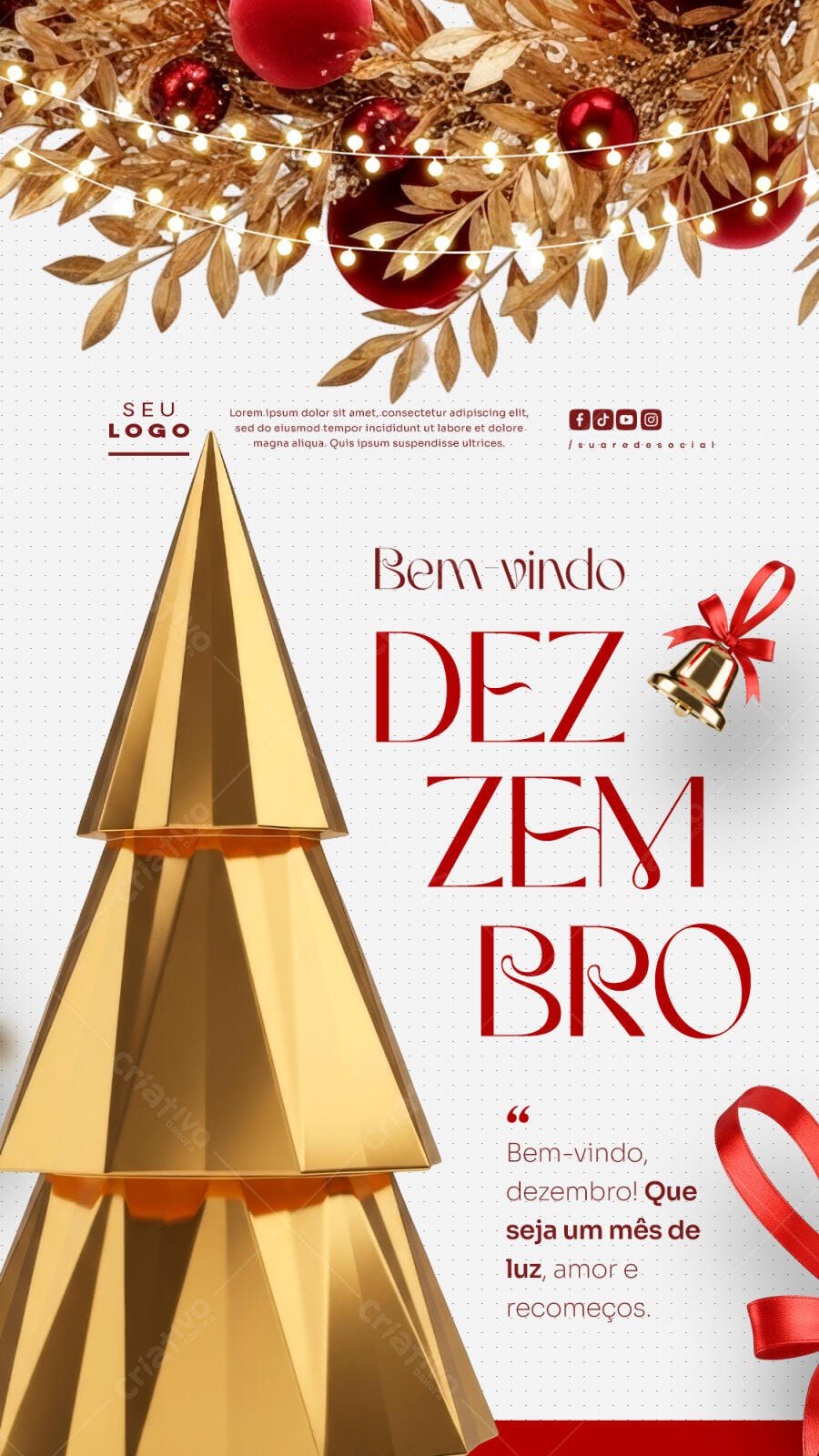 Flyer Boas-Vindas Dezembro Natal Dourado Vermelho PSD Editável