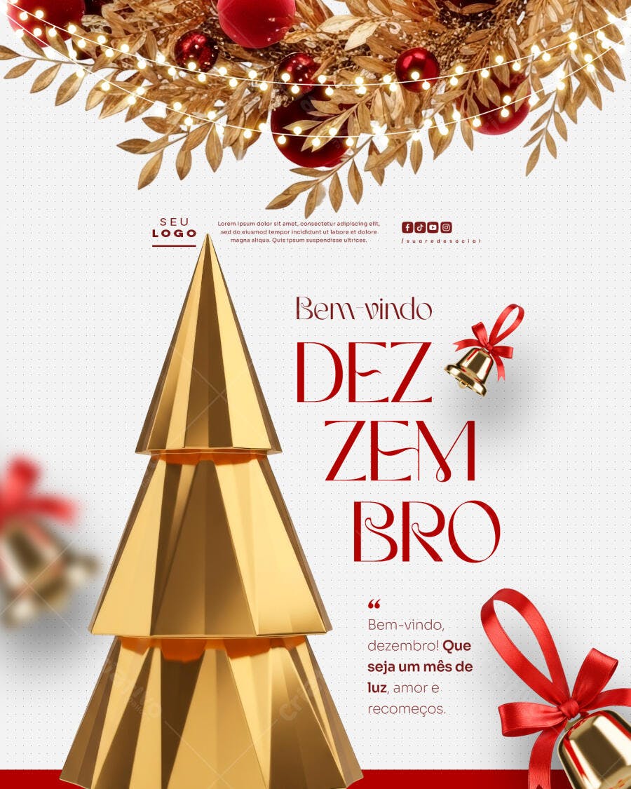 Flyer Bem-vindo Dezembro Árvore Dourada Bolas Vermelhas Psd Editável