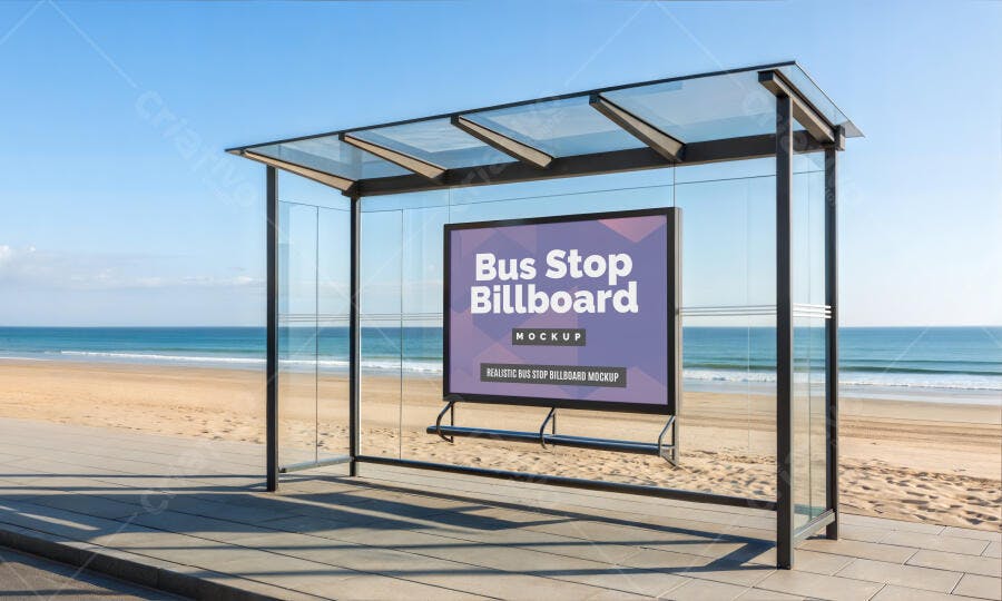Mockup Realista de Outdoor em Ponto de Ônibus na Praia com Céu Azul
