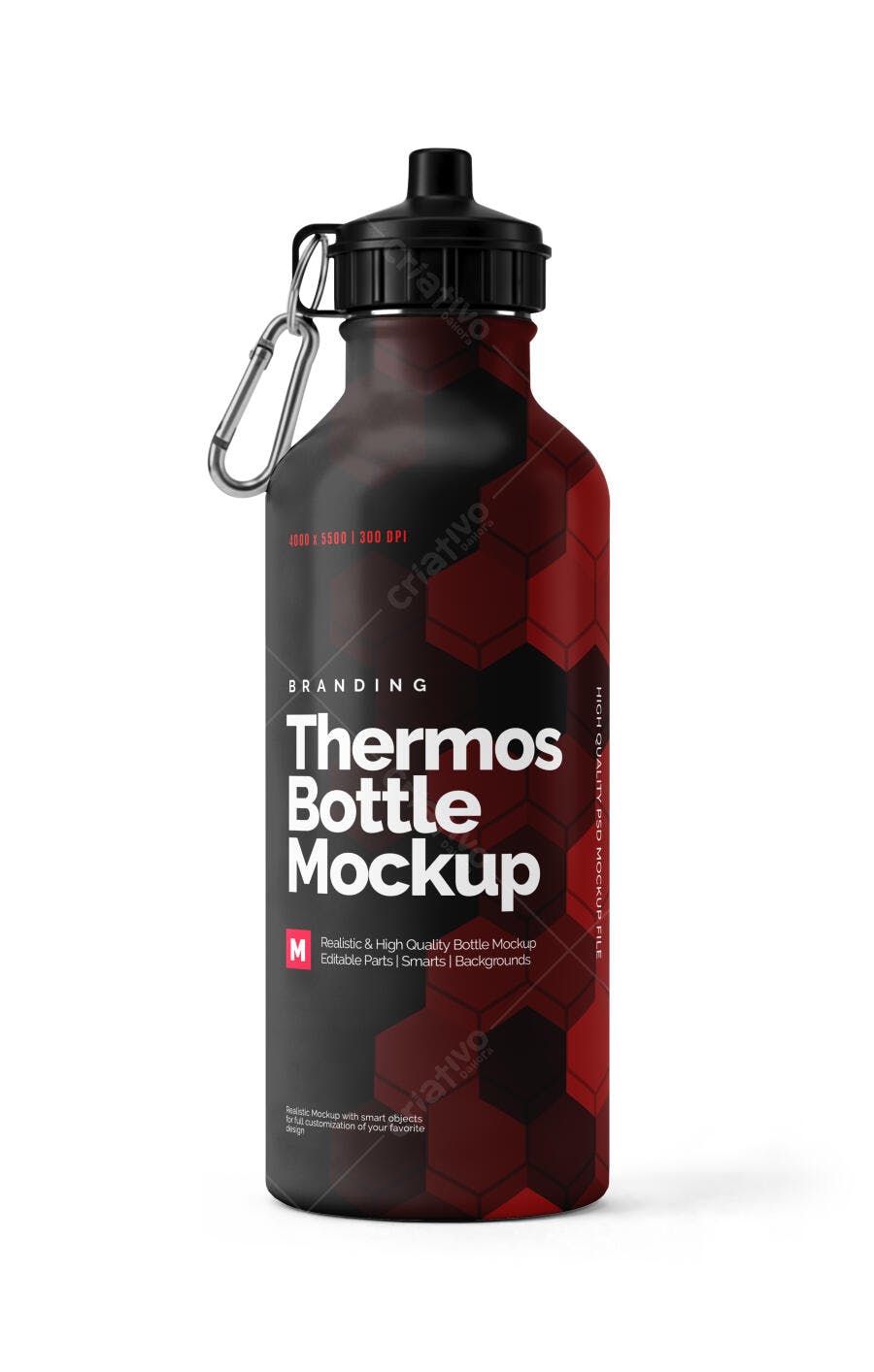 Mockup Garrafa Térmica Esportiva Realista Preta e Vermelha com Mosquetão