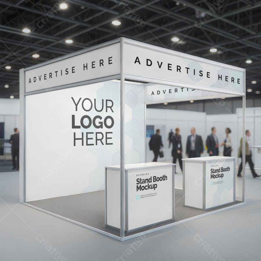 Mockup de Stand de Exposição Corporativo Branco e Cinza com Balcões de Atendimento