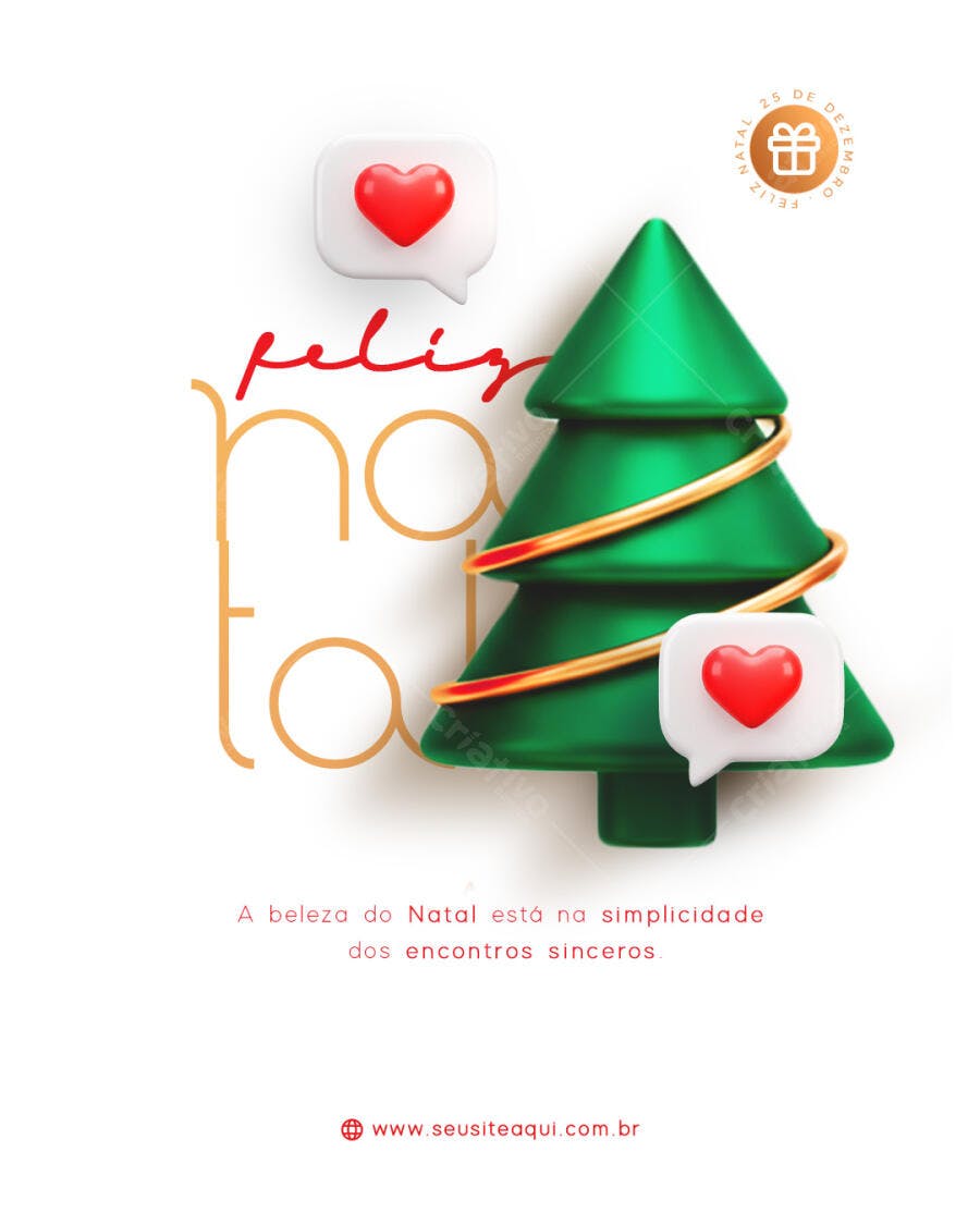 Arte Digital Feliz Natal com Árvore 3D Corações PSD Editável