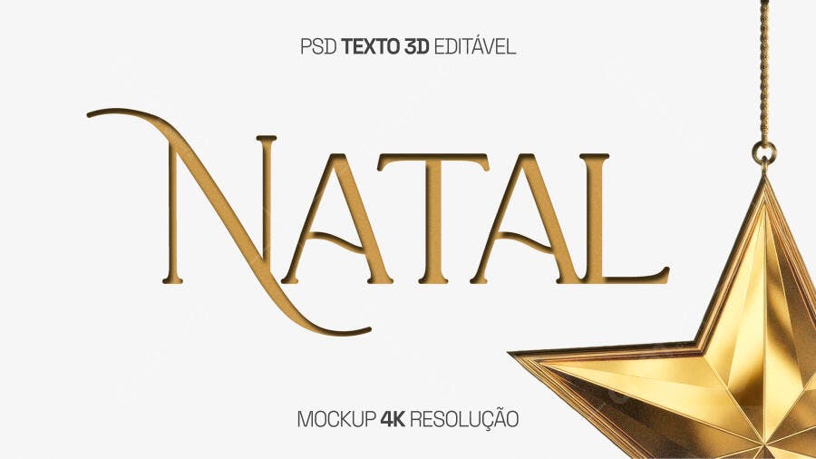 Mockup de Texto 3D para Natal Dourado com Estrela PSD Editável