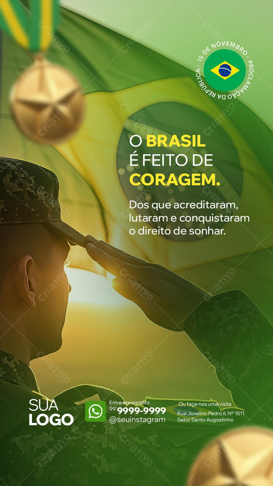 Flyer Patriótico 15 Novembro Soldado e Bandeira Brasil PSD Editável