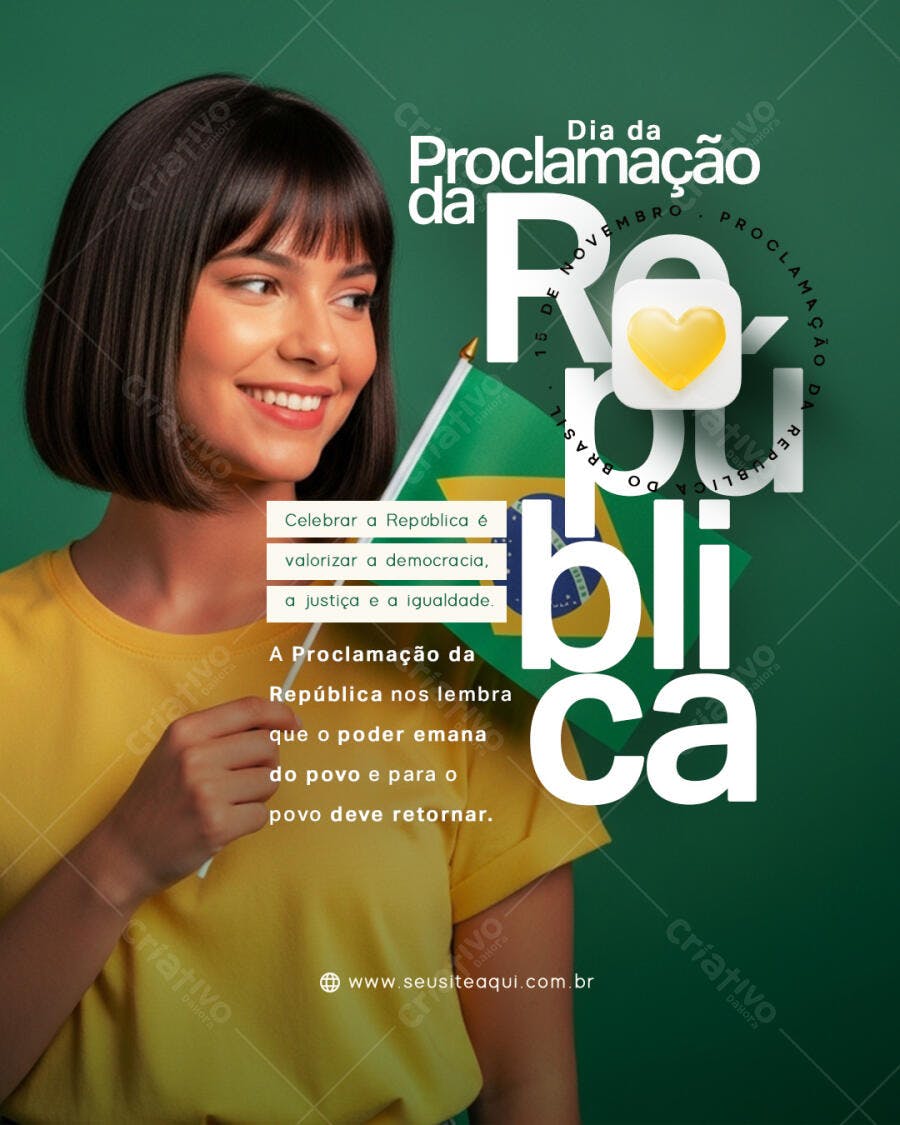 Flyer Dia da Proclamação da República Jovem Mulher Bandeira Brasil PSD Editável