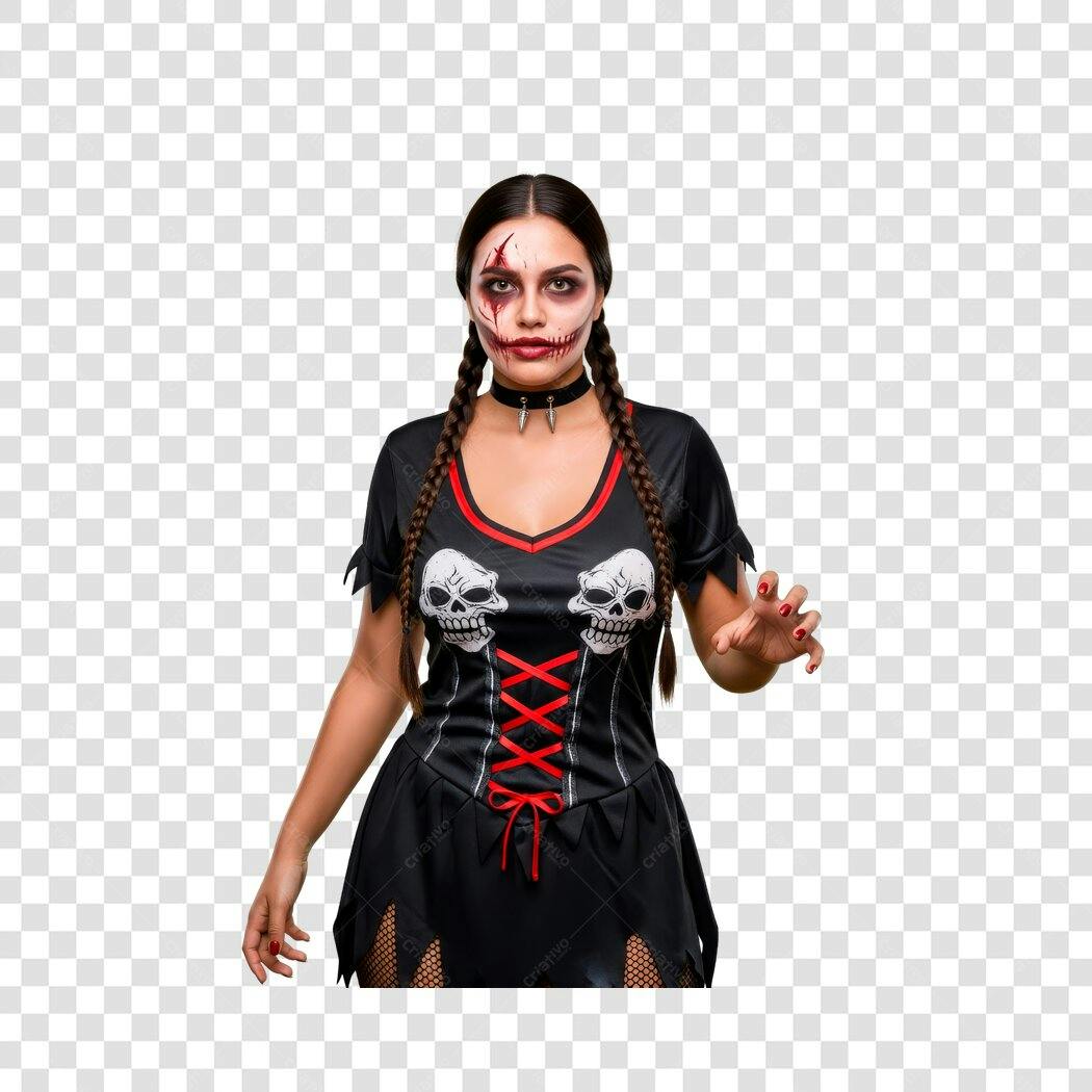 Social Media Halloween Mulher Morena Zumbi Maquiagem Tranças Vestido Preto PNG com fundo transparente