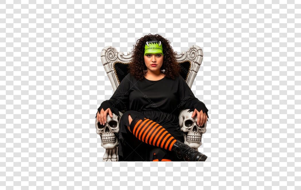 Recurso Halloween Mulher Jovem Fantasia Frankenstein Trono Caveiras PNG com fundo transparente
