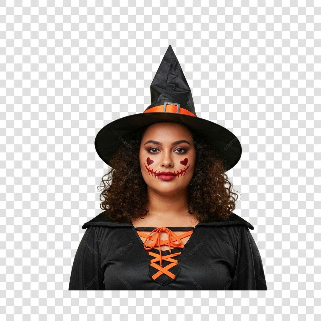 Personagem Mulher Bruxa Halloween maquiagem de coração fantasia preta e laranja PNG com fundo transparente