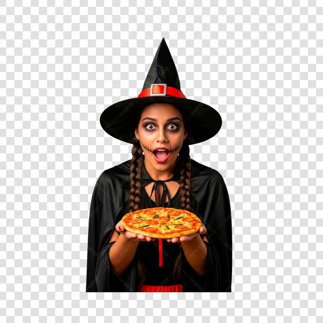 Post para Halloween Mulher Bruxa Maquiagem Assustadora Segurando Pizza PNG com fundo transparente