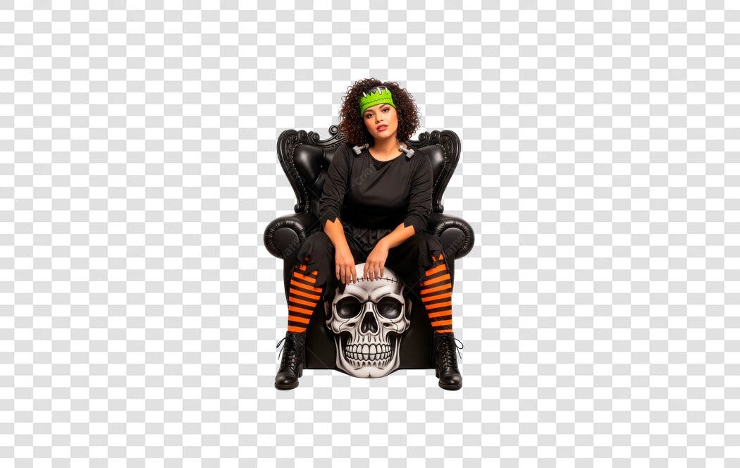 Post Instagram Halloween Mulher Fantasia Frankenstein Cadeira Caveira PNG com fundo transparente