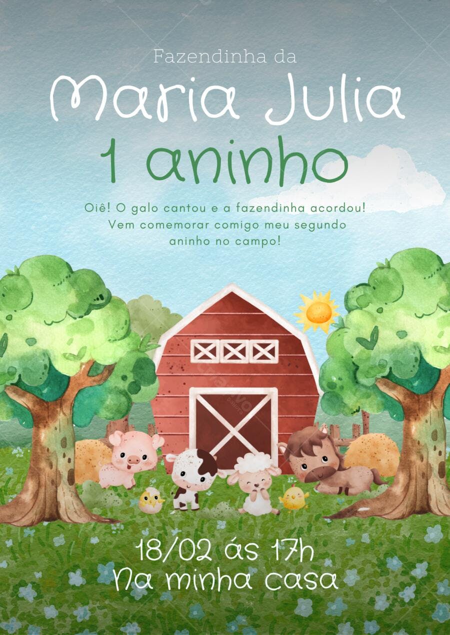 Convite de aniversário 1 aninho Fazendinha com animais aquarela e celeiro Editável no Canva
