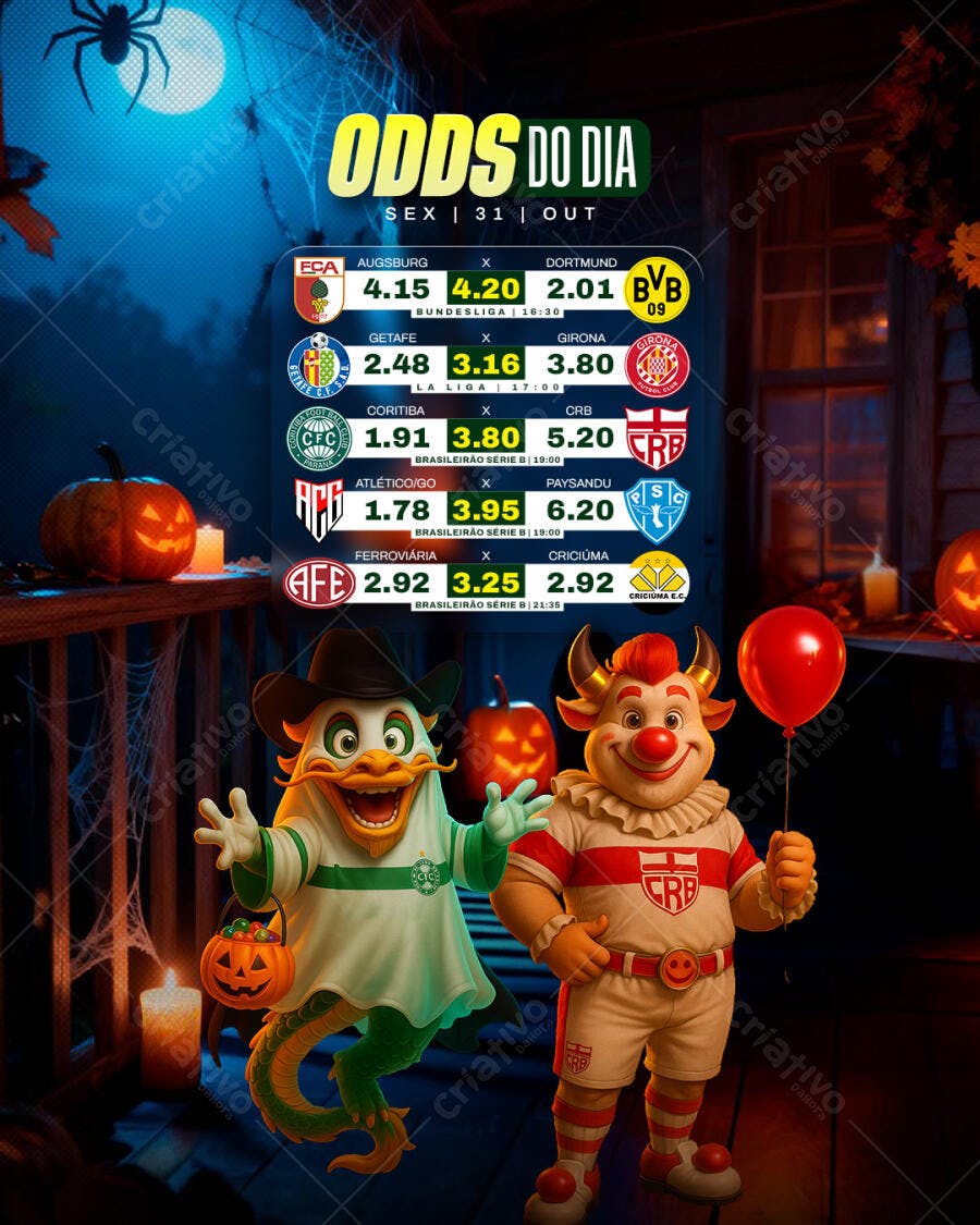 Flyer Odds do Dia Futebol Halloween Mascotes Coritiba CRB PSD Editável