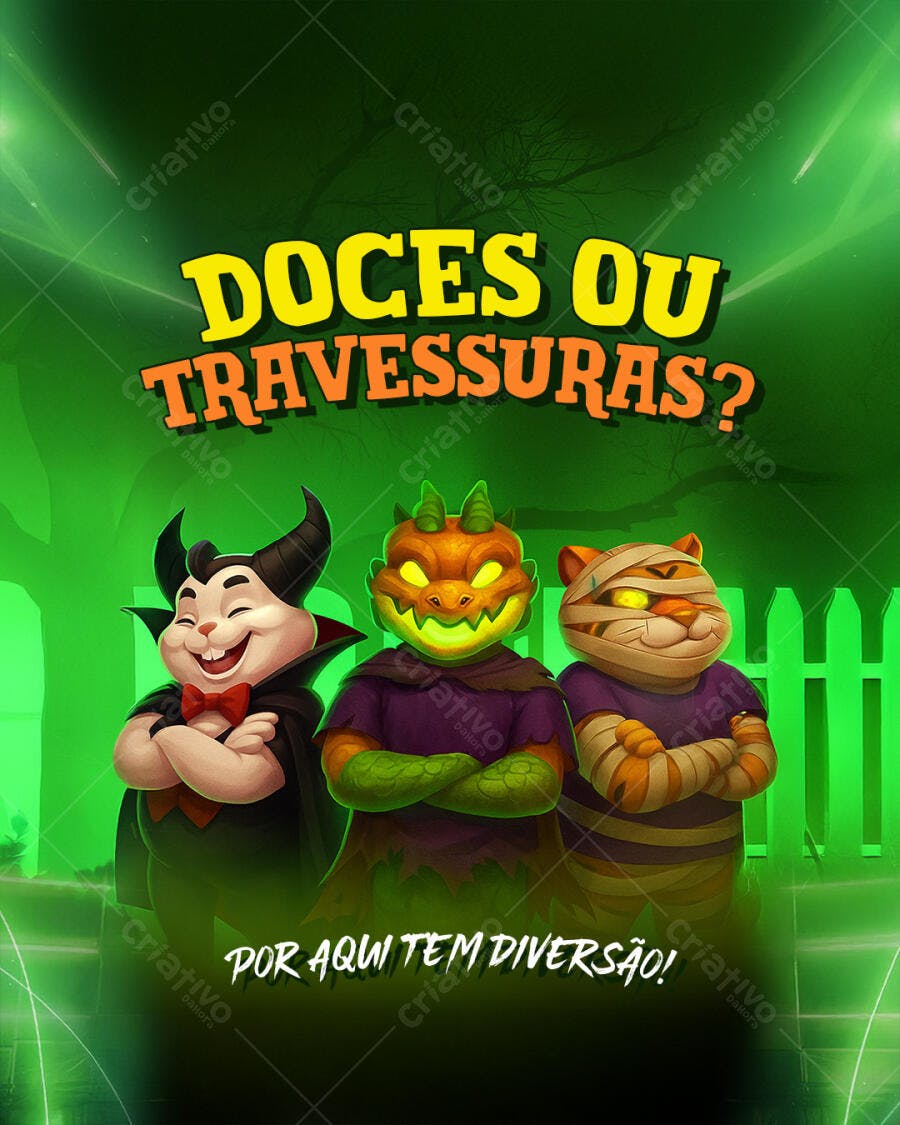 Flyer Halloween Doces ou Travessuras com Vampiro Abóbora Múmia PSD Editável