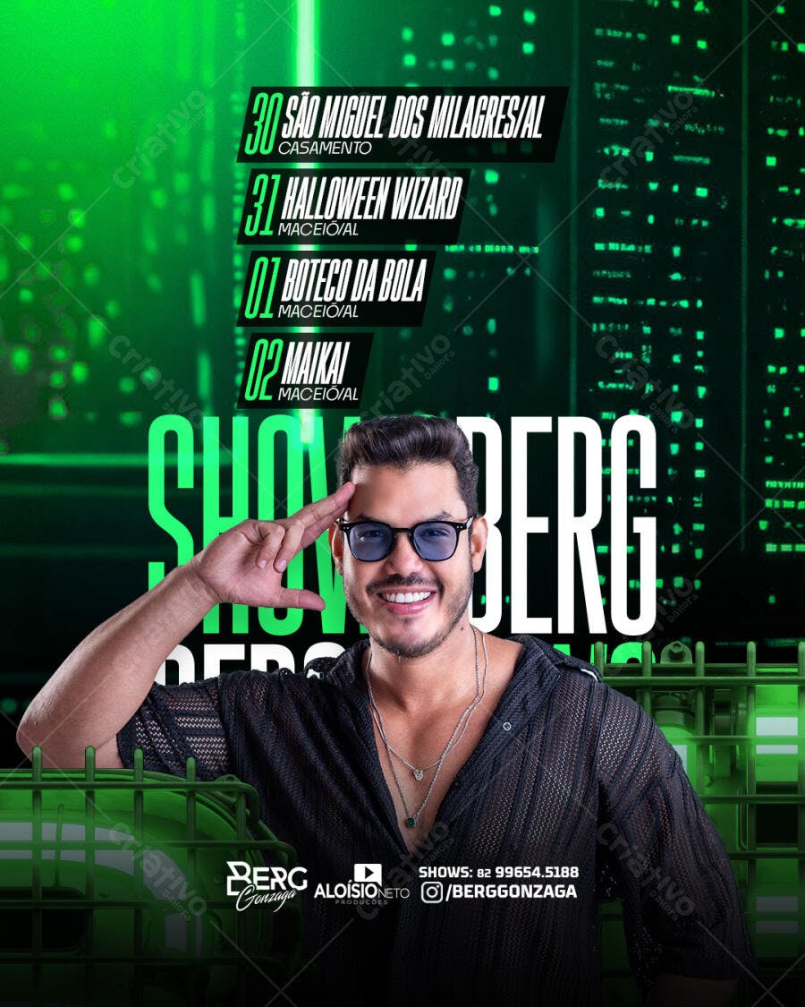 Flyer de Show Noturno com Cantor Berg Gonzaga Agenda Verde Neon PSD Editável