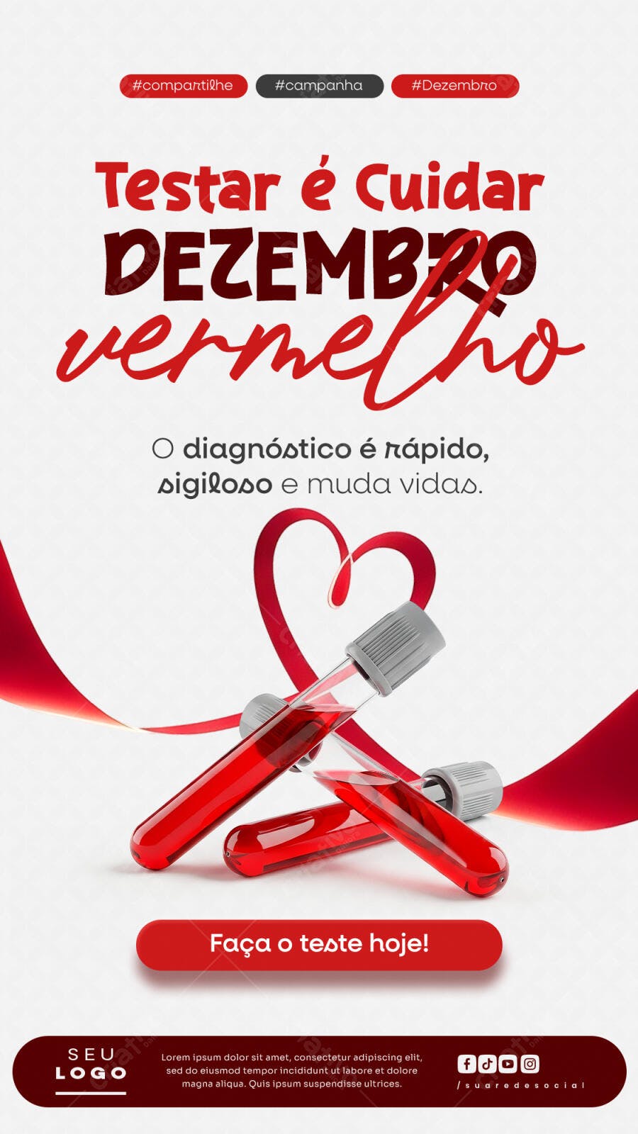 Post Redes Sociais Dezembro Vermelho Testar é Cuidar PSD Editável