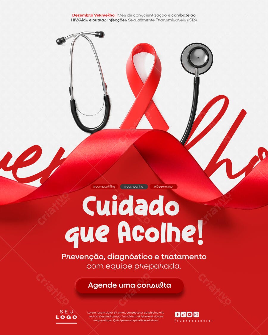 Flyer Campanha Dezembro Vermelho HIV AIDS Cuidado que Acolhe PSD Editável