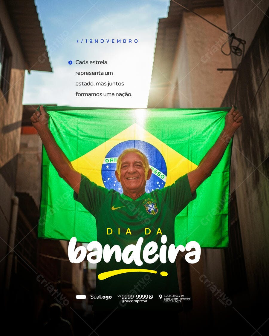 Flyer para Dia da Bandeira 19 Novembro Homem com Bandeira Brasil PSD Editável