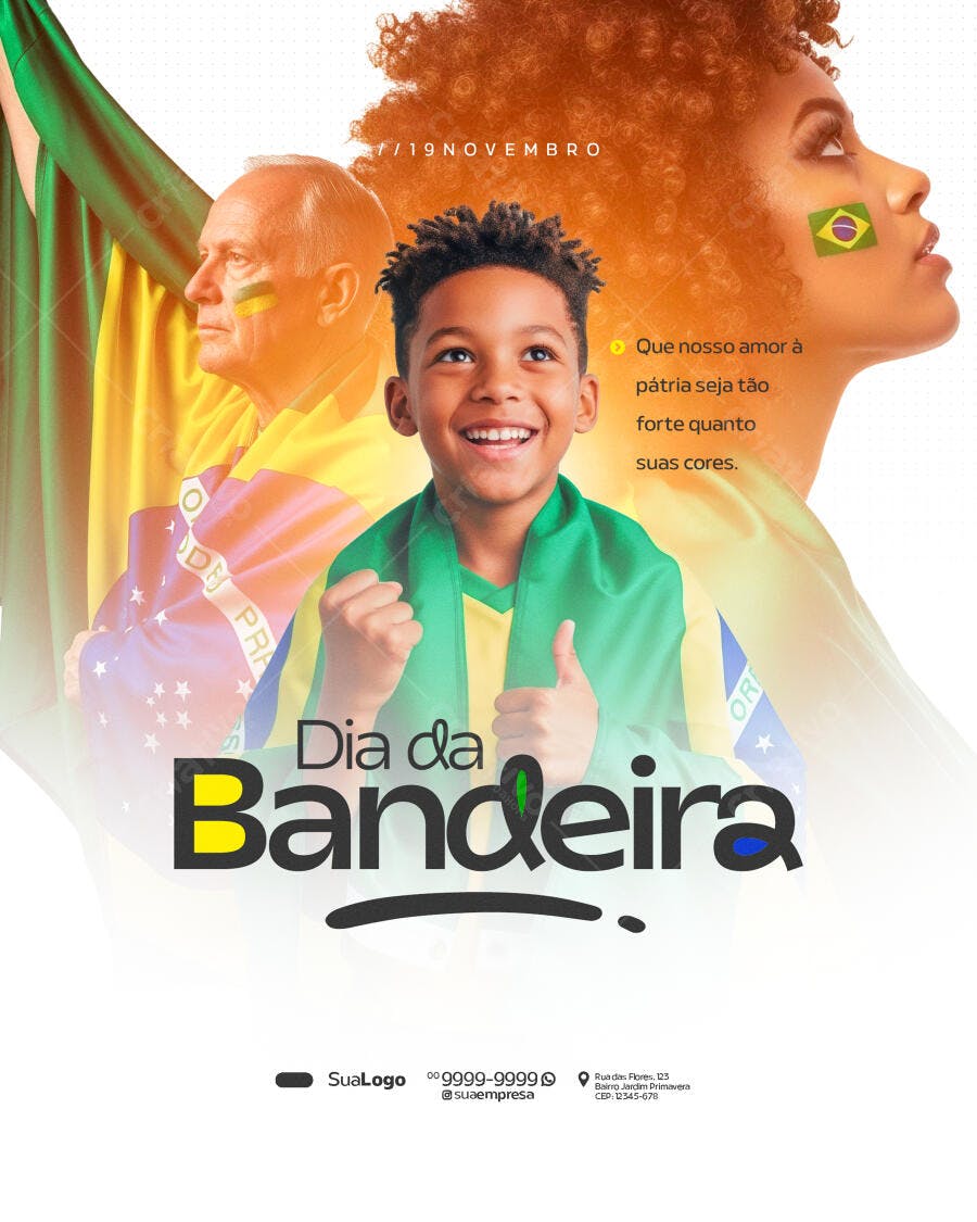 Flyer Dia da Bandeira 19 Novembro Psd Editável com Criança e Adultos Felizes