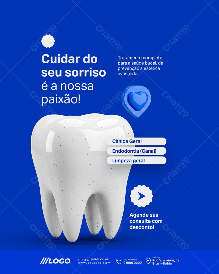 Flyer Digital Odontológico para Saúde Bucal e Desconto PSD Editável