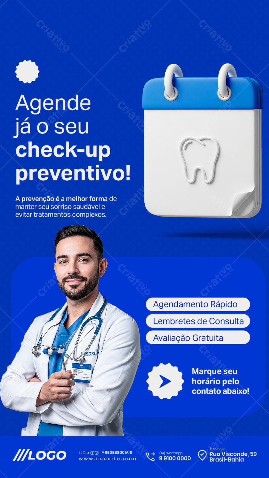 Flyer Odontológico Check-up Preventivo Dentista Masculino PSD Editável