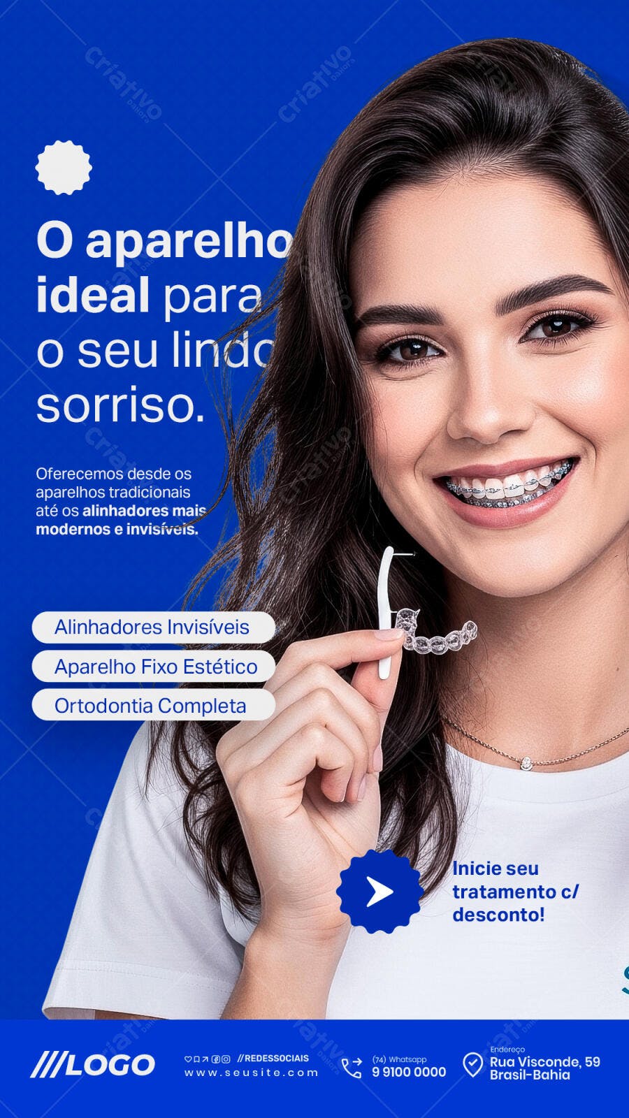 Flyer Clínica Odontológica Mulher Aparelho Fixo e Invisível Psd Editável
