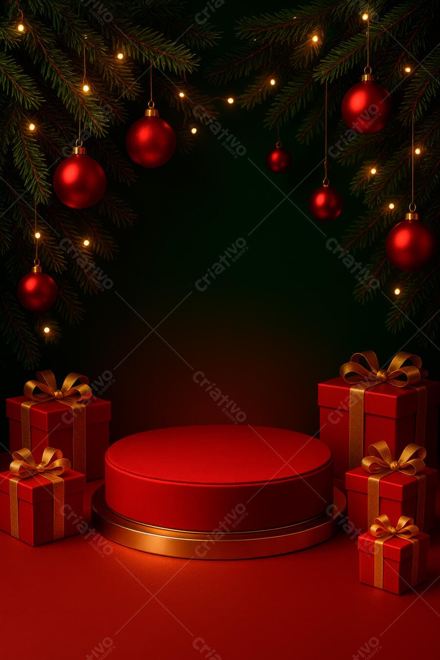 Pódio vermelho com presentes de Natal e ramos festivos iluminados
