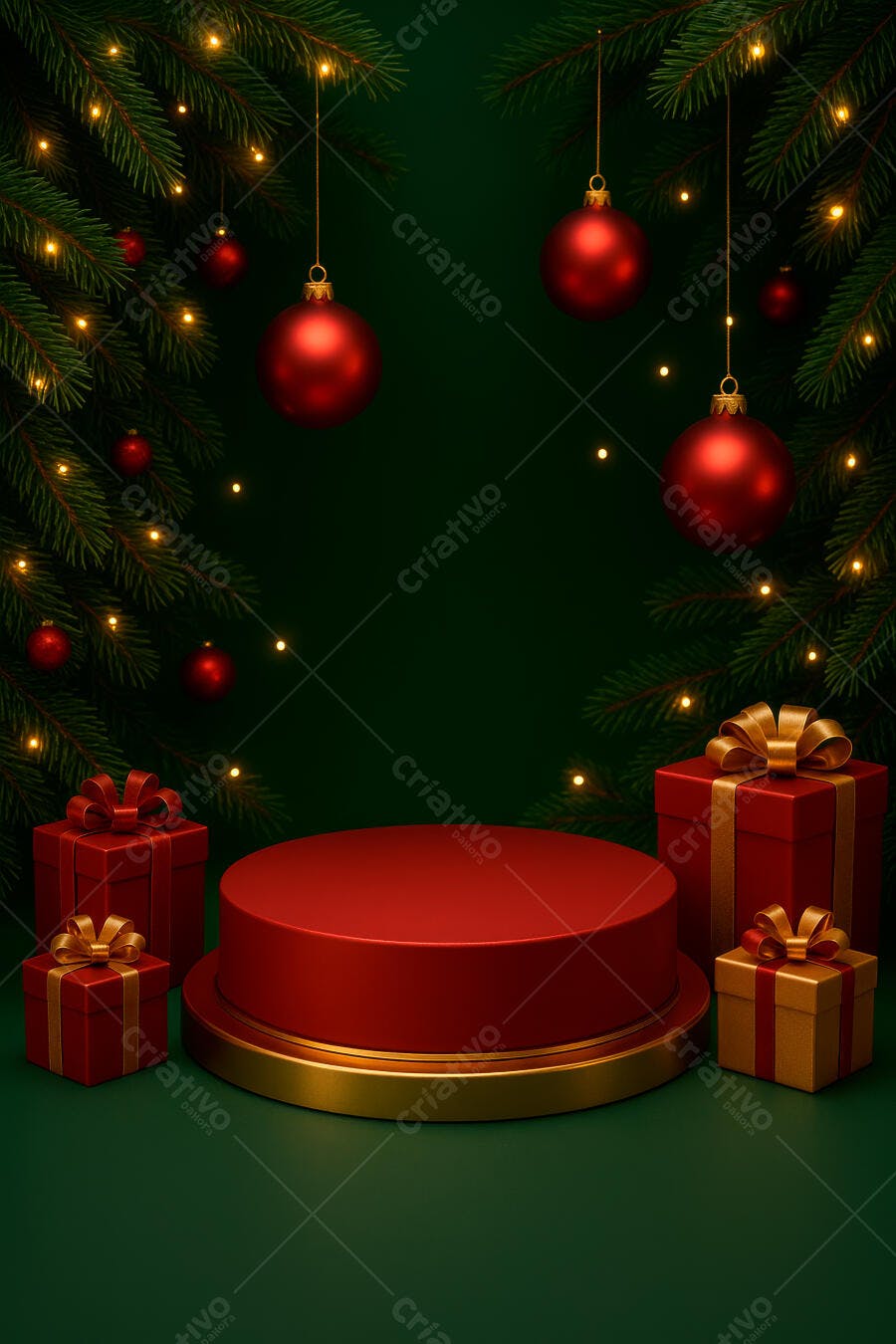 Pódio de Natal vermelho com presentes e folhagens iluminadas em fundo verde escuro