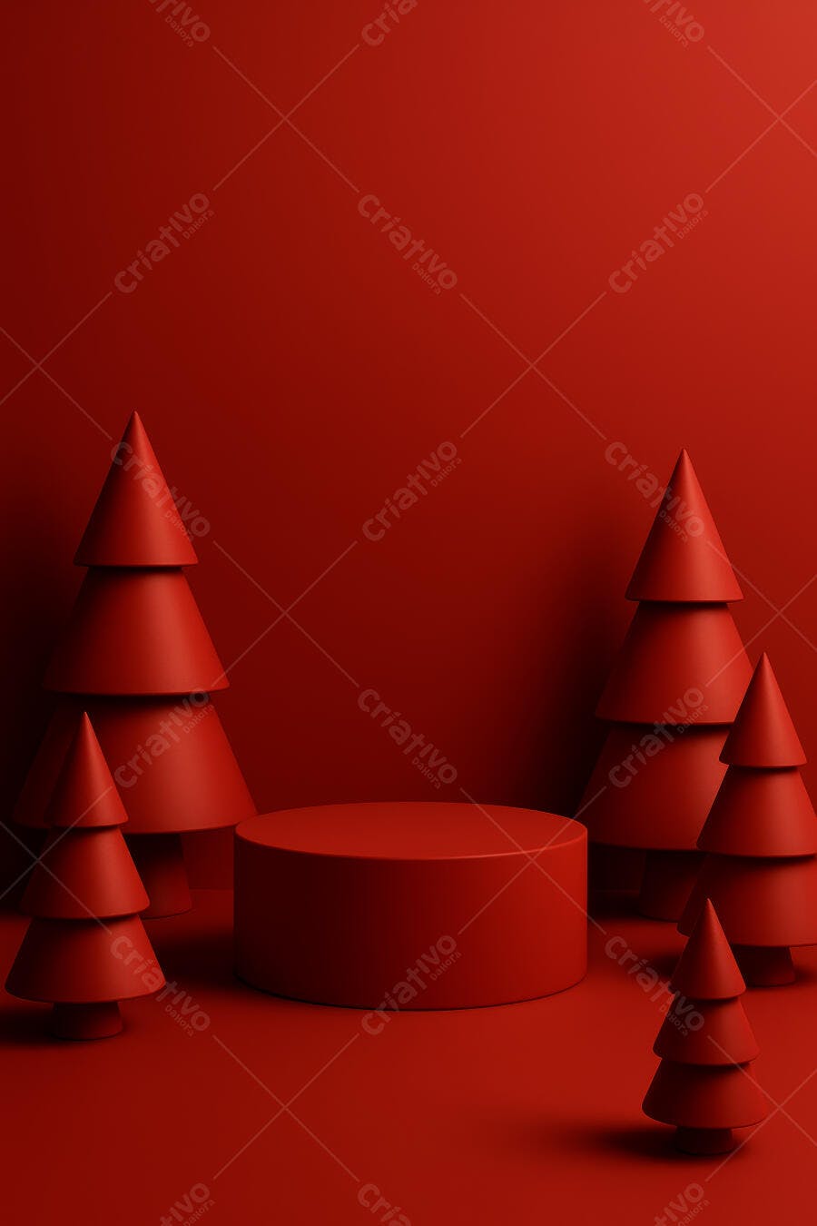 Podio vermelho com árvores de Natal minimalistas para apresentação de produto festiva