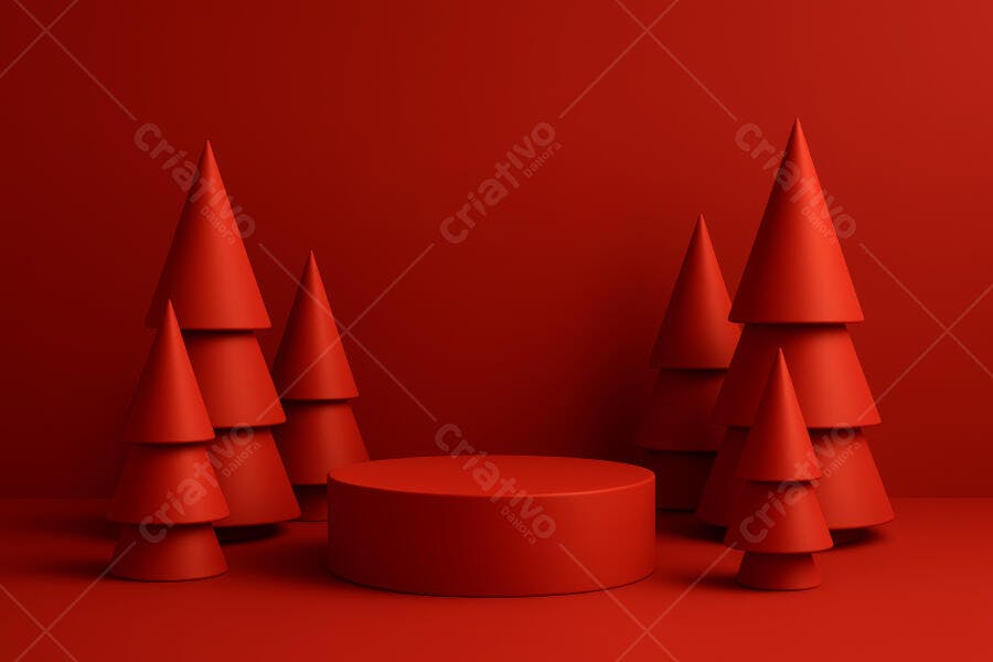 Pódio vermelho com árvores geométricas para exibição de produto natalino