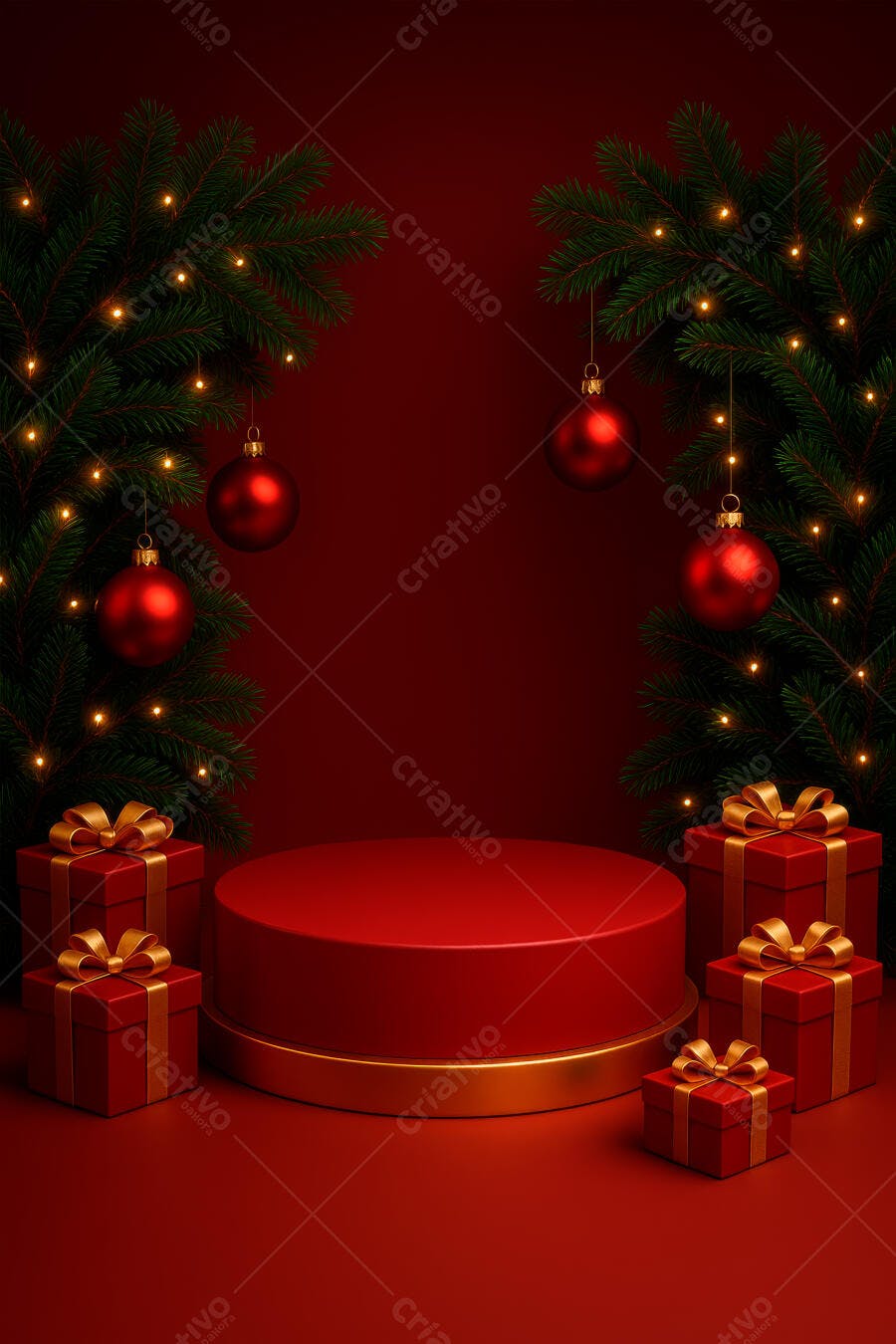 Podium de Natal vermelho com presentes e pinheiros iluminados