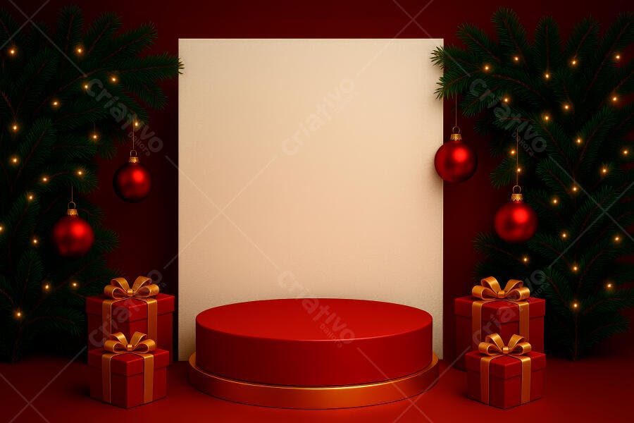 Pódio de Natal vermelho com presentes árvore iluminada e fundo creme para produtos