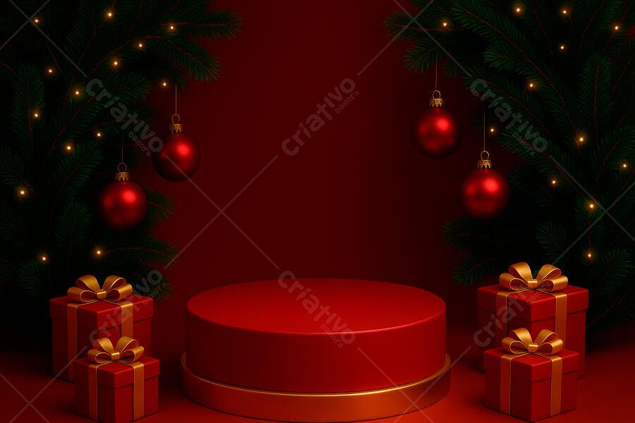Pódio de Natal vermelho com presentes e ramos de pinho iluminados para exibição de produtos