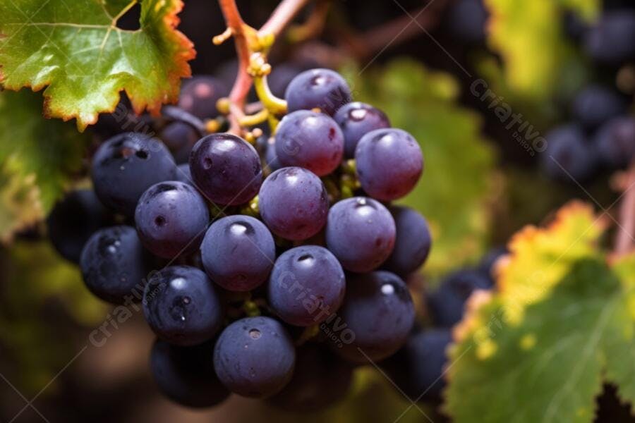 Uvas roxas escuras maduras em cacho na videira exuberante