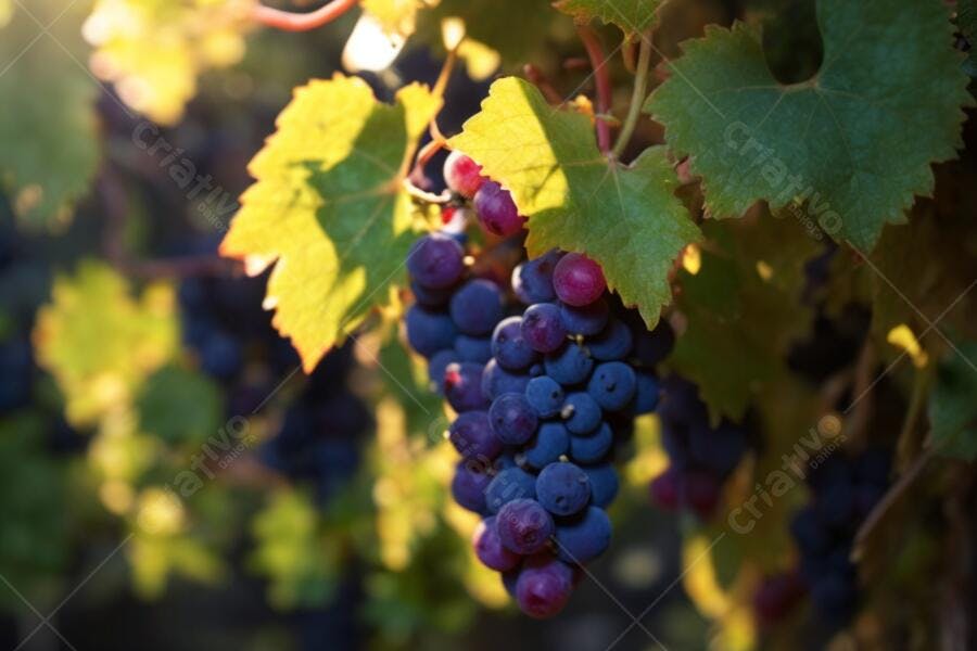 Uvas roxas maduras em cacho na videira ao sol da colheita
