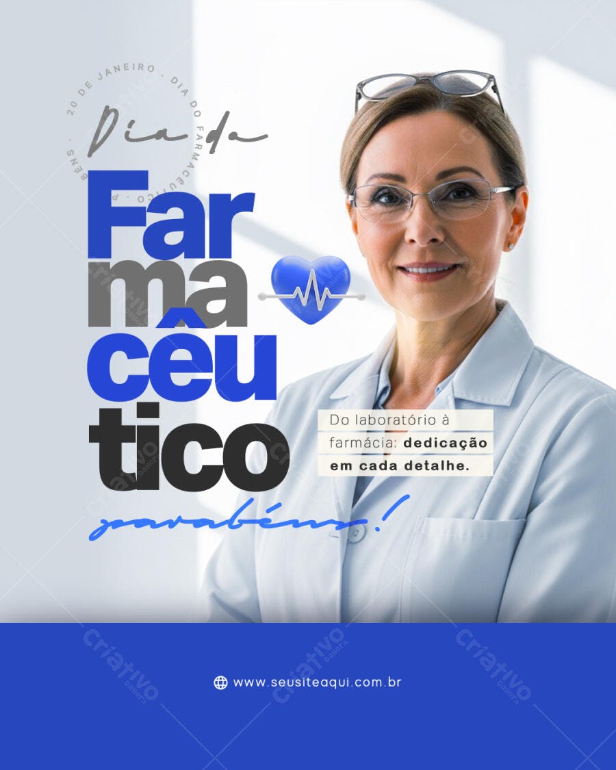 Flyer Dia do Farmacêutico com Mulher Profissional de Saúde PSD Editável