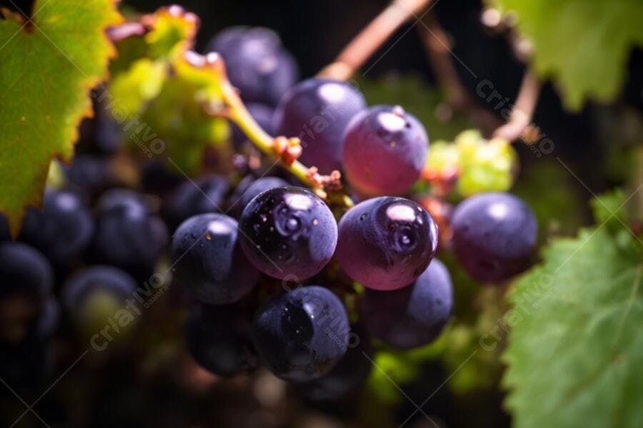 Uvas roxas escuras frescas com gotas de água na videira